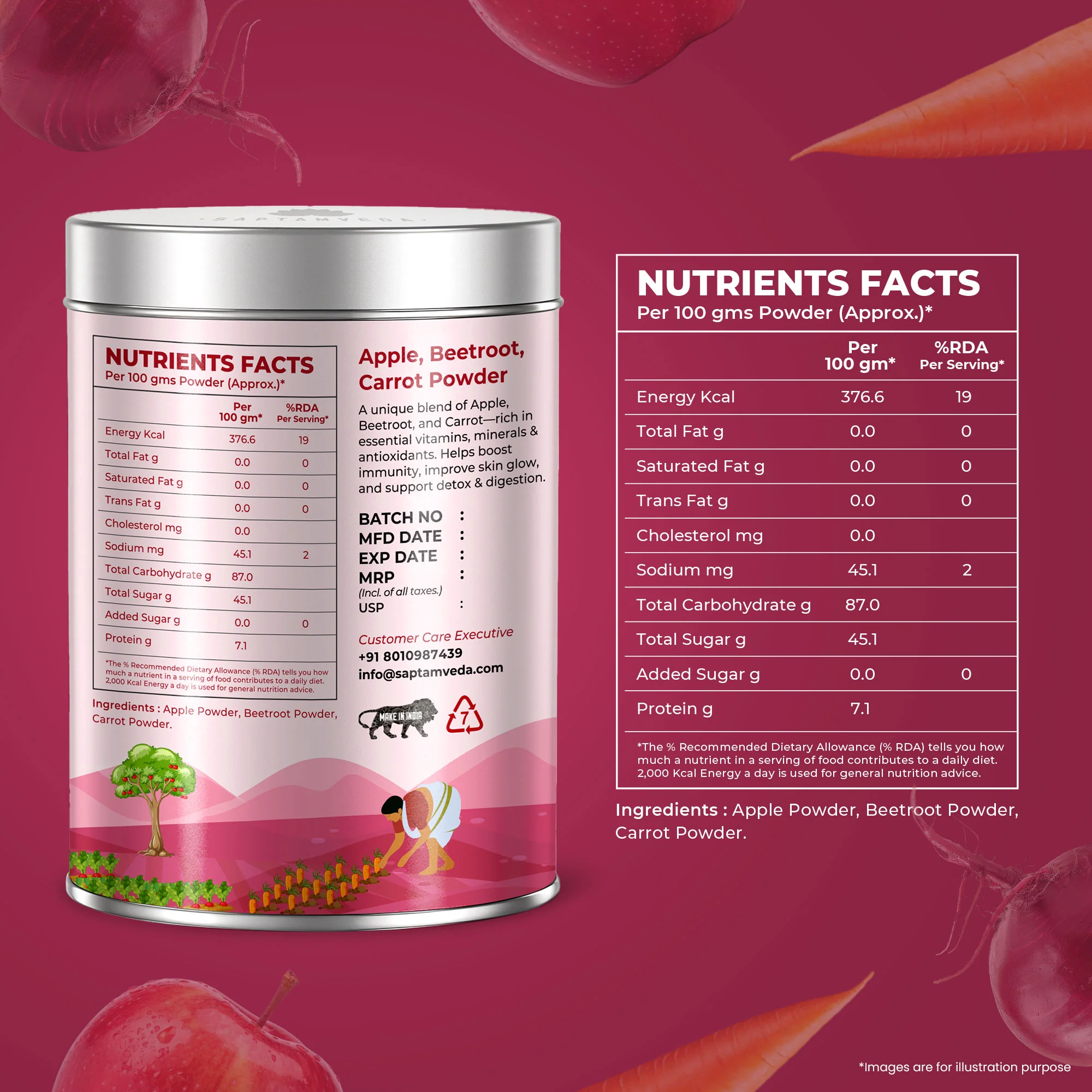 Saptamveda ABC Powder – Apple Beetroot Carrot Blend | Natural Superfood for Energy, Skin & Heart Health | 200g Tin - Image 7