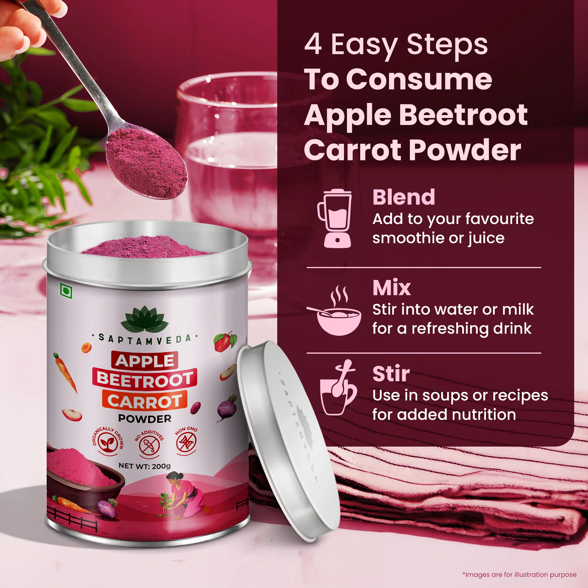 Apple Beetroot Carrot & Ashwagandha Powder 200gm each | Tin Combo - Image 3