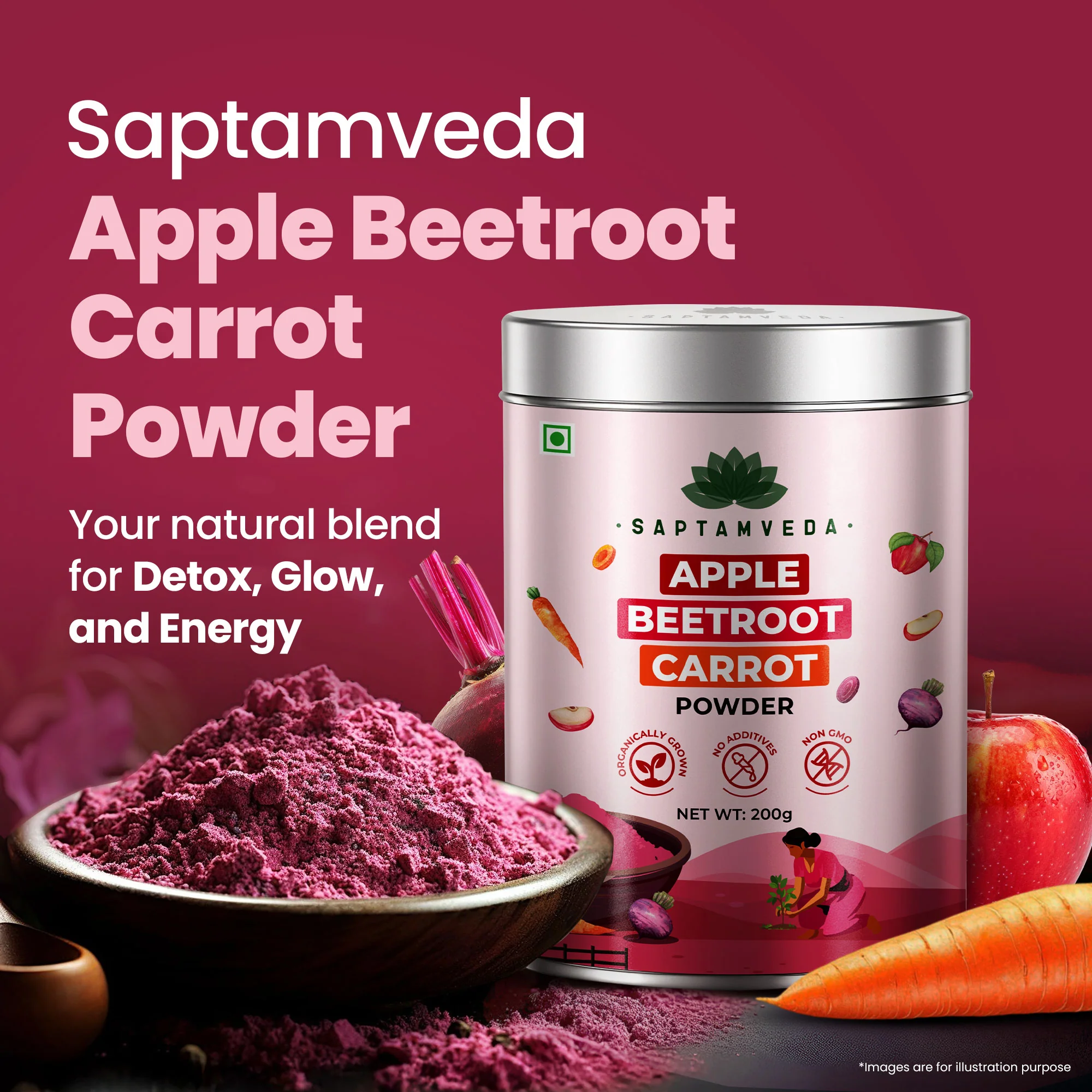 Apple Beetroot Carrot & Seabuckthorn Powder 200gm each | Tin Combo - Image 6