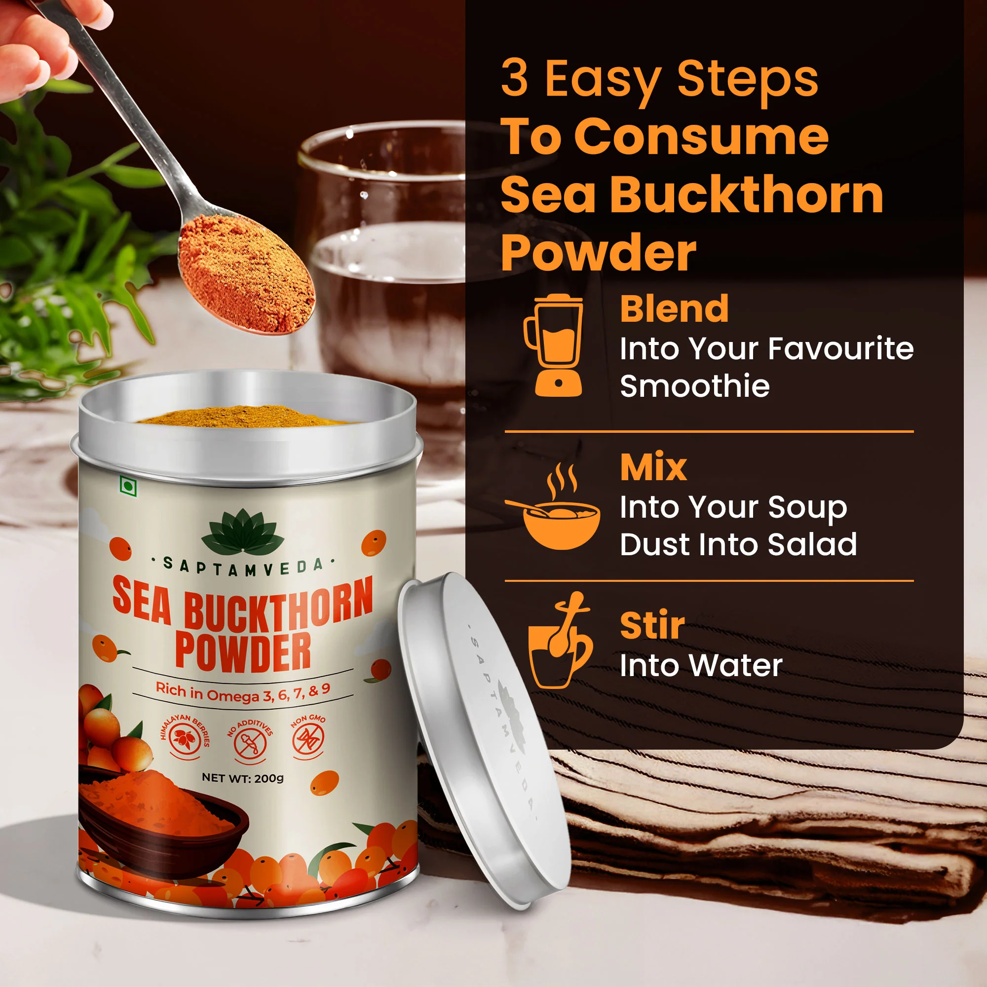 Saptamveda Organic Sea Buckthorn Powder | Himalayan Superberry for Immunity, Skin & Heart Health, 200g Tin - Image 5